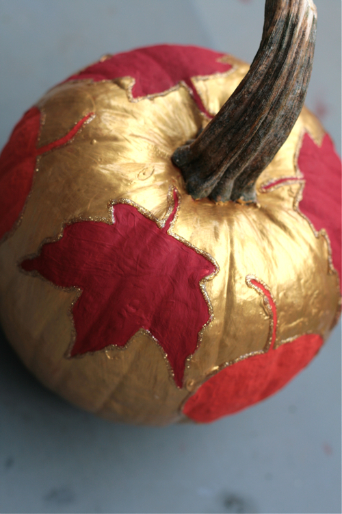 thanksgiving decoupage pumpkin gold paint red leaves with glitter